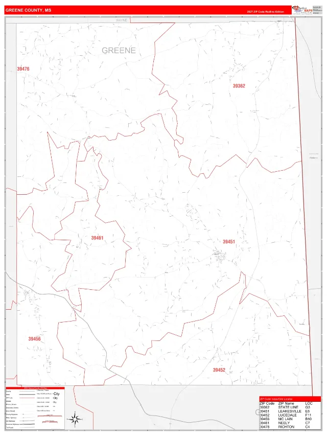 Greene County, MS ZIP Code Wall Map, RedLine style