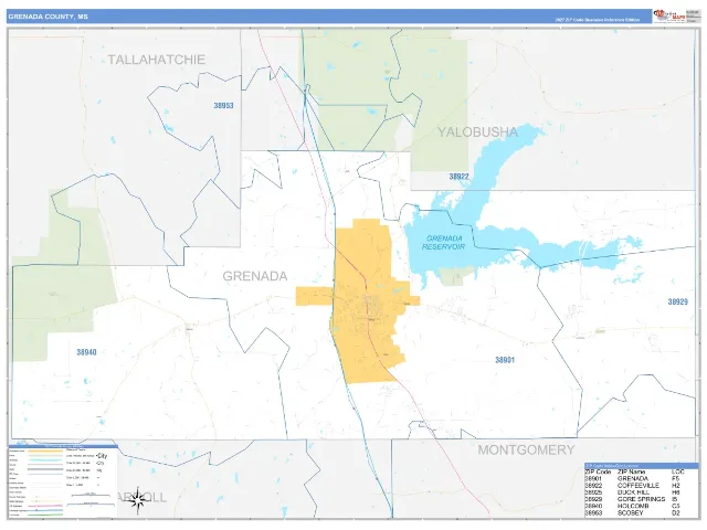 Grenada County, MS ZIP Code Wall Map, Business Reference style