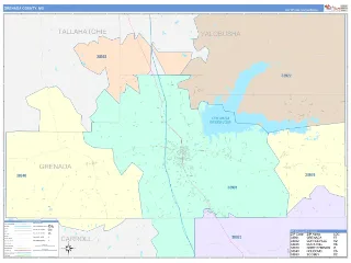 Grenada County, MS ColorCast style ZIP Code wall map