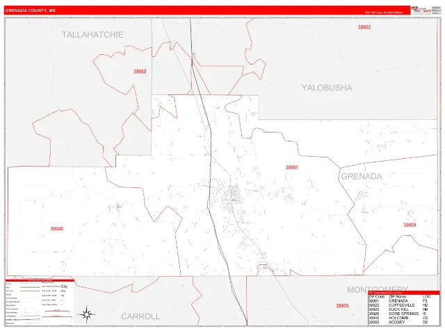 Grenada County, MS ZIP Code Wall Map, RedLine style