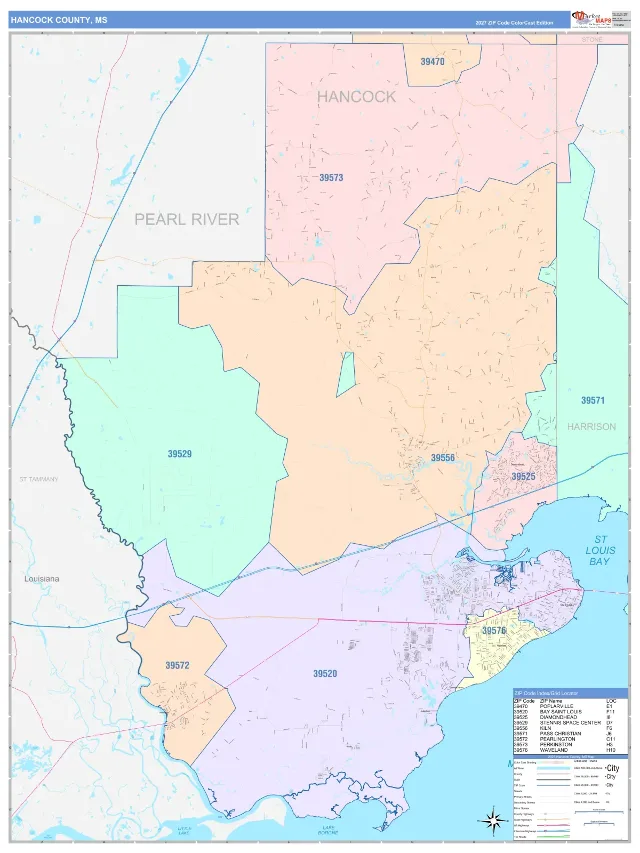 Hancock County, MS ZIP Code Wall Map, ColorCast style