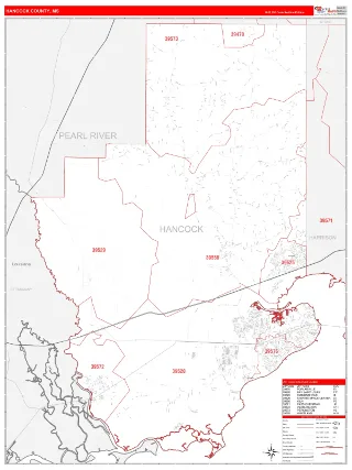 Hancock County, MS RedLine style ZIP Code wall map