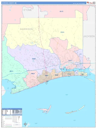 Harrison County, MS ColorCast style ZIP Code wall map