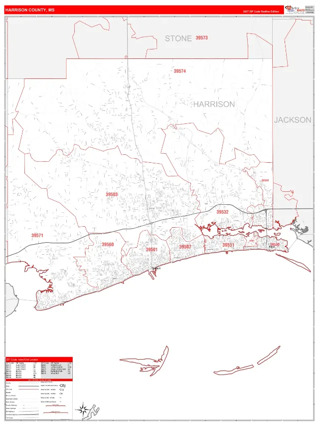 Harrison County, MS ZIP Code Wall Map, RedLine style