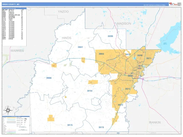 Hinds County, MS ZIP Code Wall Map, Business Reference style