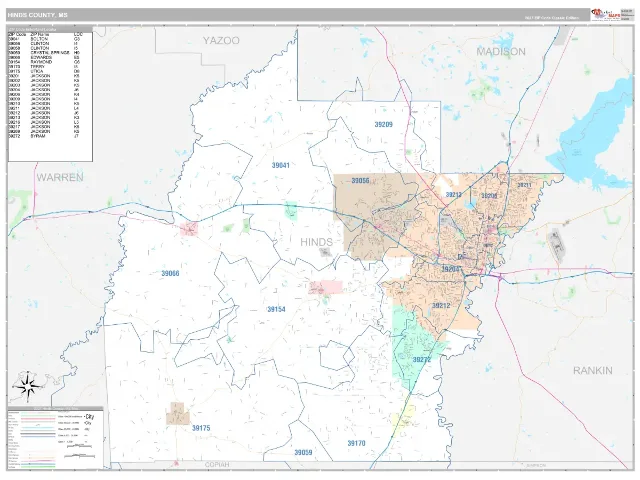 Hinds County, MS ZIP Code Wall Map, Classic style