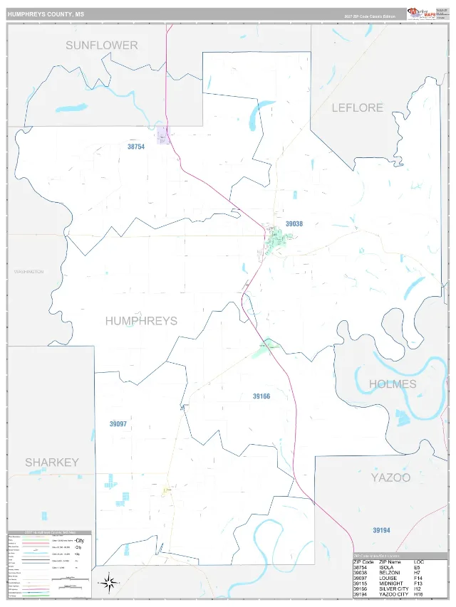 Humphreys County, MS ZIP Code Wall Map, Classic style