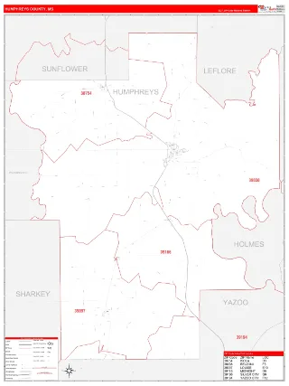 Humphreys County, MS RedLine style ZIP Code wall map