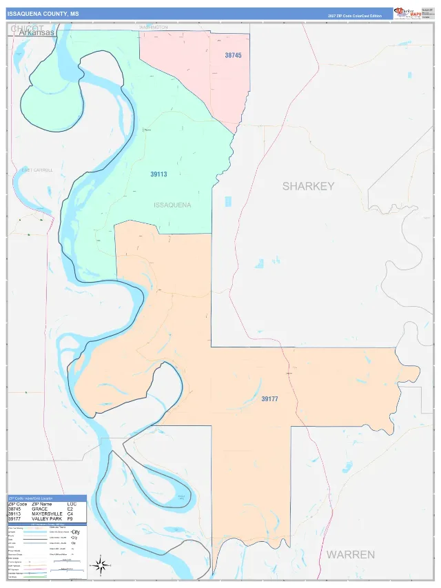 Issaquena County, MS ZIP Code Wall Map, ColorCast style