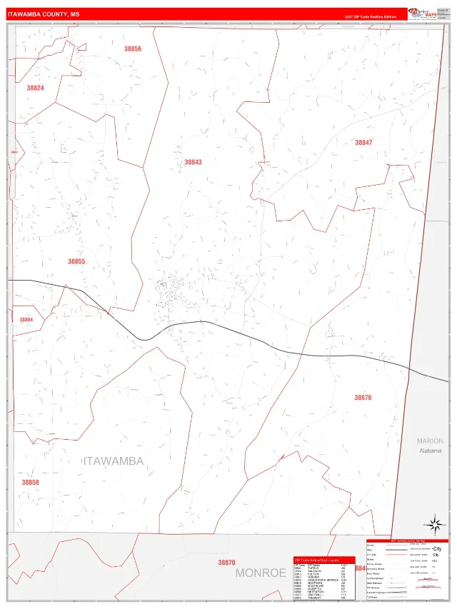Itawamba County, MS ZIP Code Wall Map, RedLine style