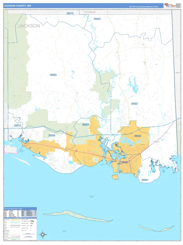 Jackson County, MS ZIP Code Wall Map, Business Reference style