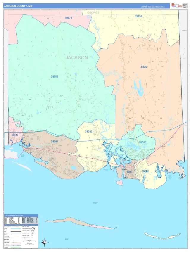 Jackson County, MS ZIP Code Wall Map, ColorCast style