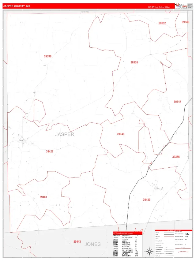 Jasper County, MS ZIP Code Wall Map, RedLine style