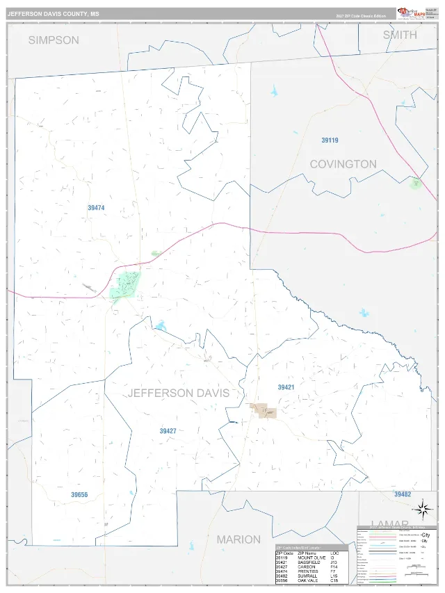 Jefferson Davis County, MS ZIP Code Wall Map, Classic style