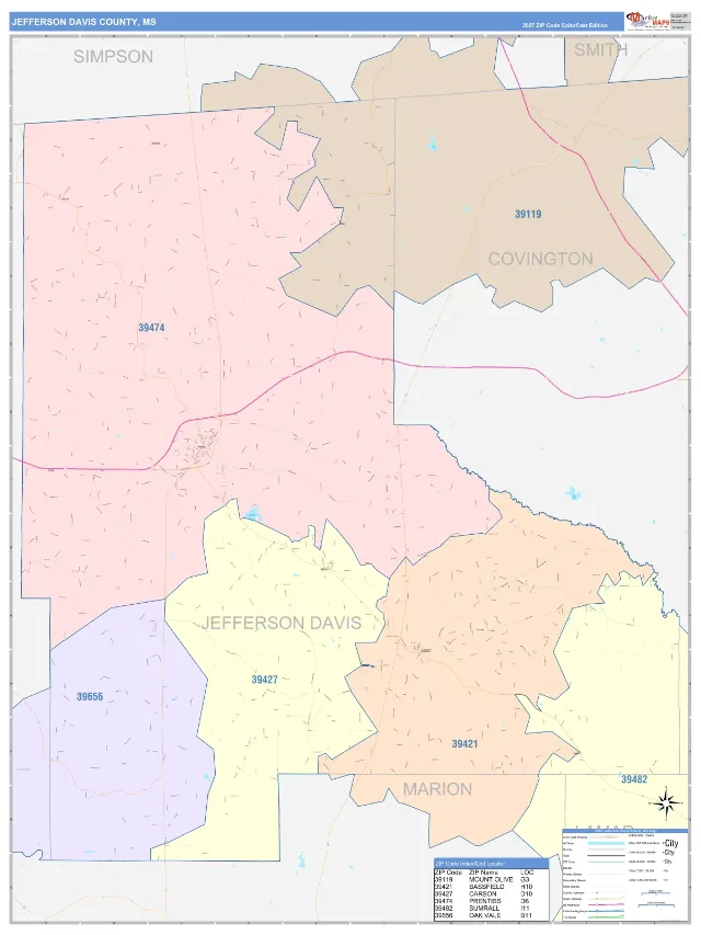 Jefferson Davis County, MS ZIP Code Wall Map, ColorCast style