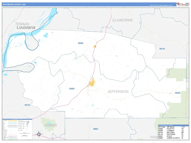 Jefferson County, MS ZIP Code Wall Map, Business Reference style