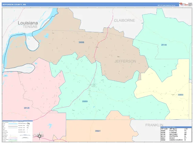 Jefferson County, MS ZIP Code Wall Map, ColorCast style
