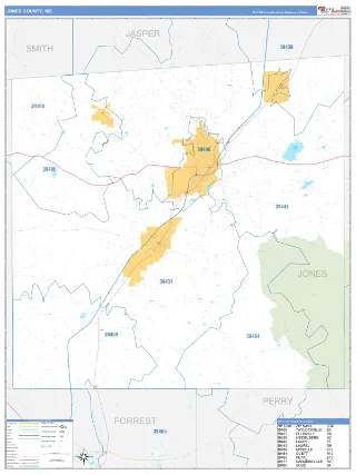 Jones County, MS Business Reference style ZIP Code wall map