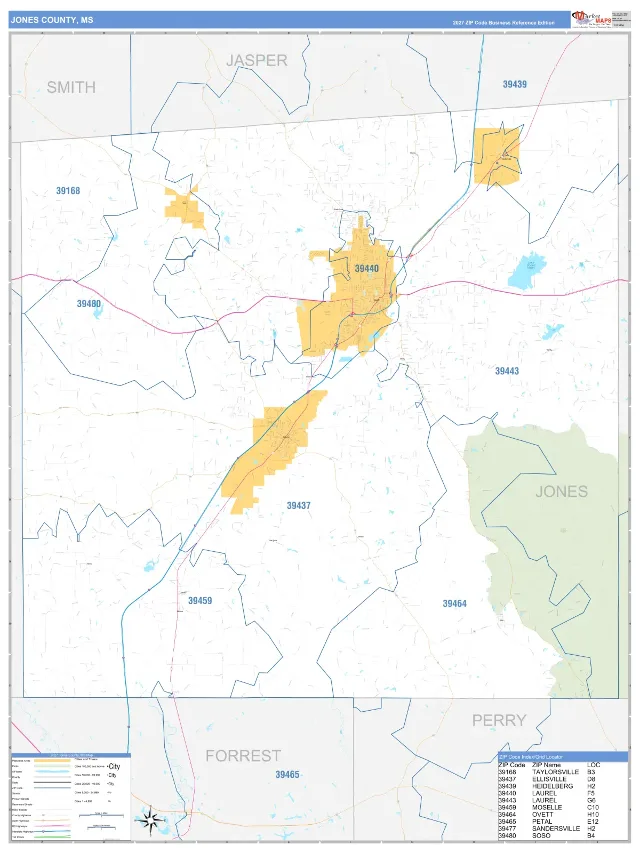 Jones County, MS ZIP Code Wall Map, Business Reference style