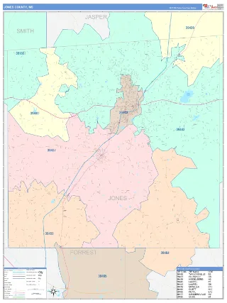 Jones County, MS ColorCast style ZIP Code wall map