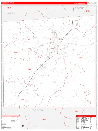 Jones County, MS RedLine style ZIP Code wall map