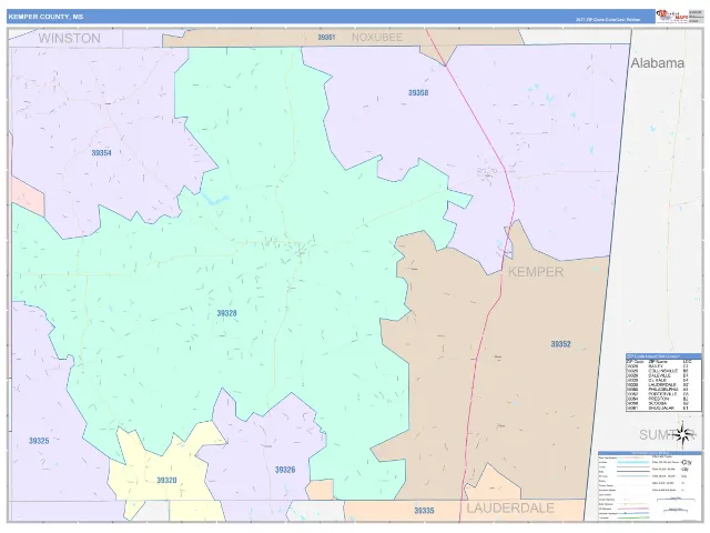 Kemper County, MS ZIP Code Wall Map, ColorCast style