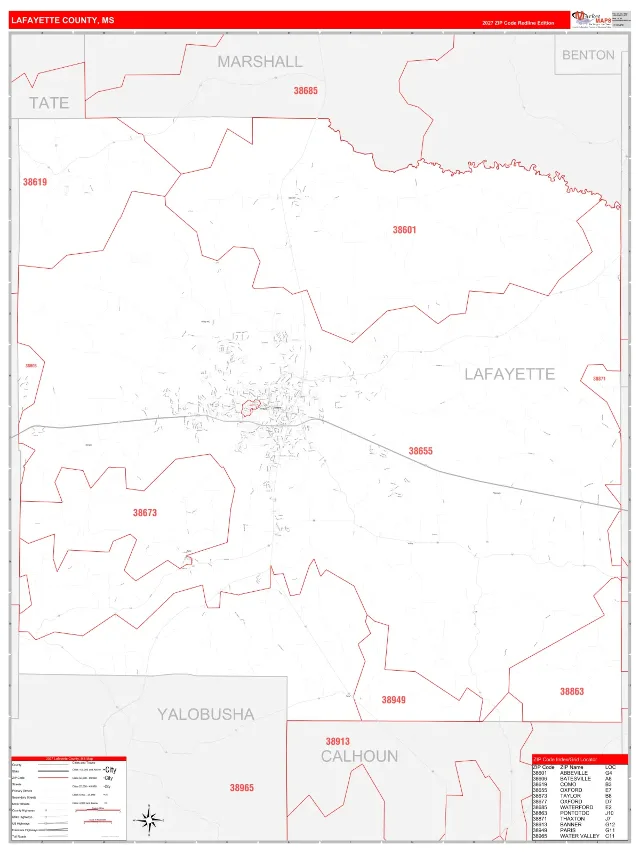 Lafayette County, MS ZIP Code Wall Map, RedLine style