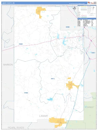 Lamar County, MS Business Reference style ZIP Code wall map