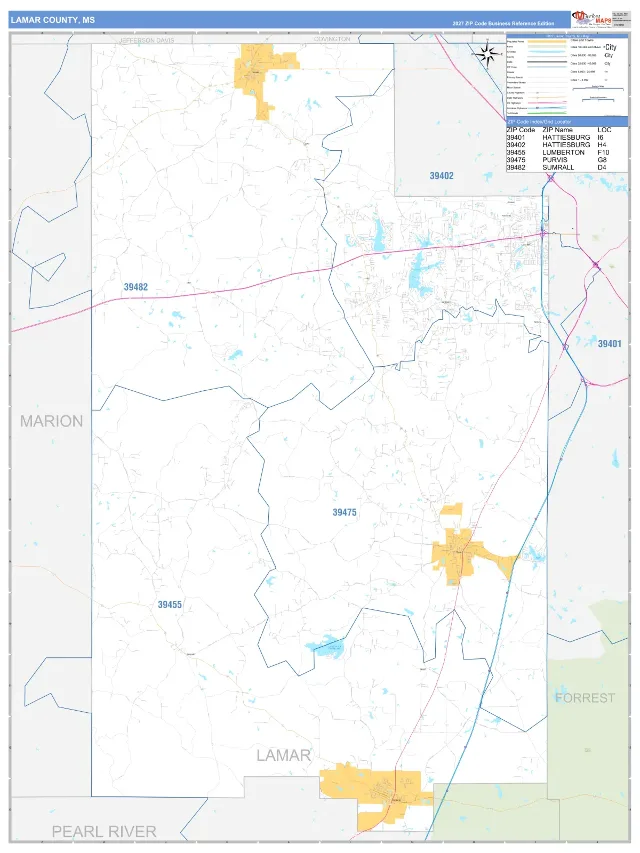 Lamar County, MS ZIP Code Wall Map, Business Reference style