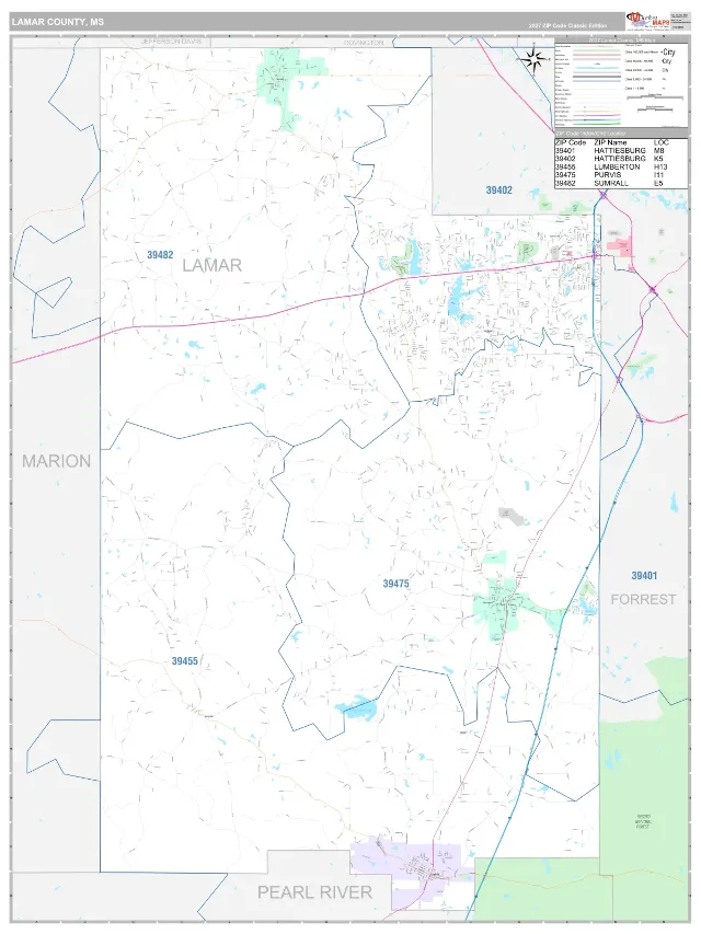 Lamar County, MS ZIP Code Wall Map, Classic style