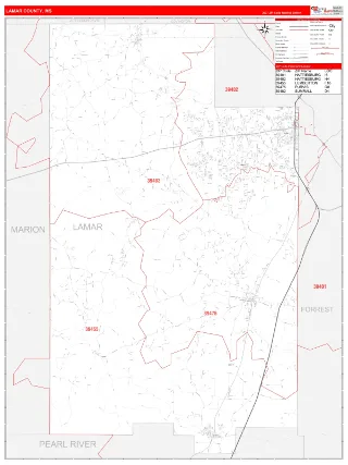 Lamar County, MS RedLine style ZIP Code wall map