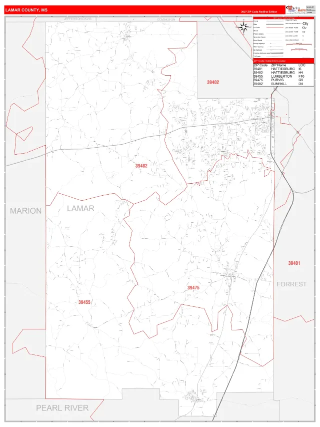 Lamar County, MS ZIP Code Wall Map, RedLine style