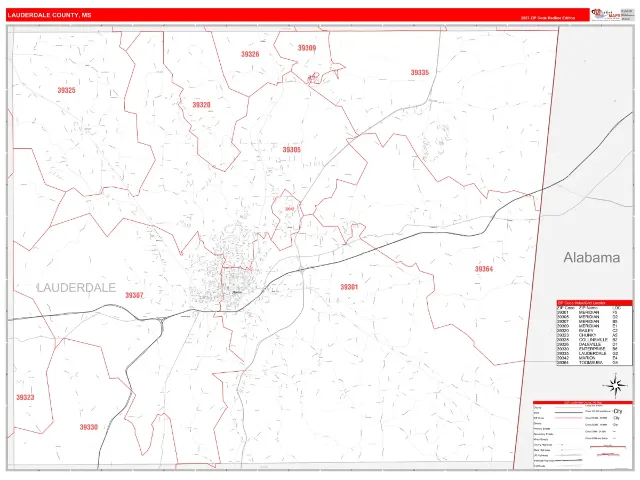 Lauderdale County, MS ZIP Code Wall Map, RedLine style