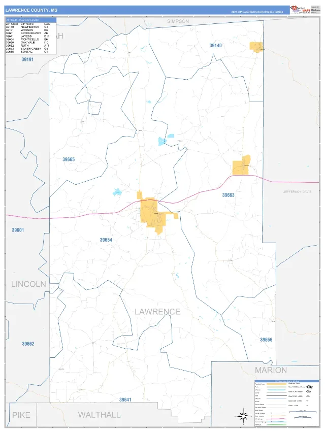 Lawrence County, MS ZIP Code Wall Map, Business Reference style