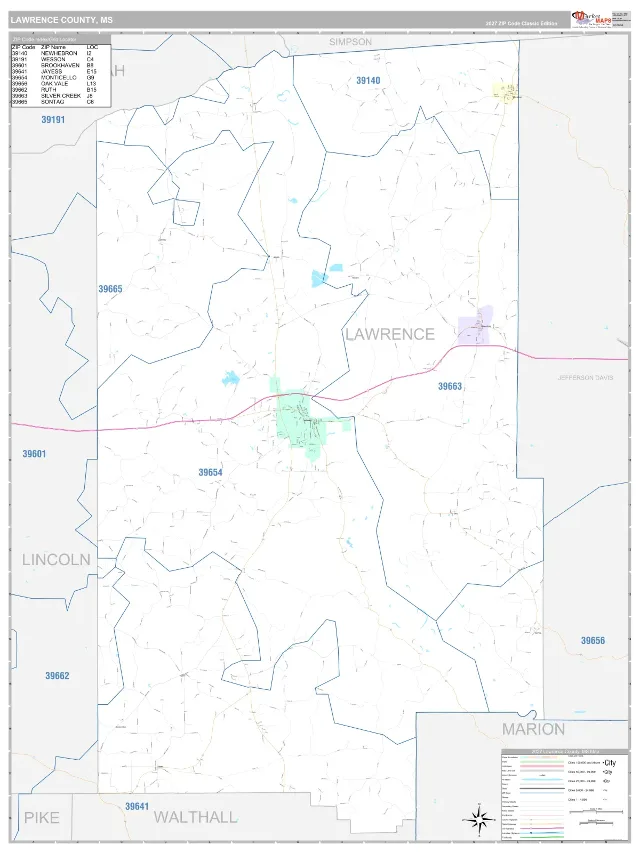 Lawrence County, MS ZIP Code Wall Map, Classic style