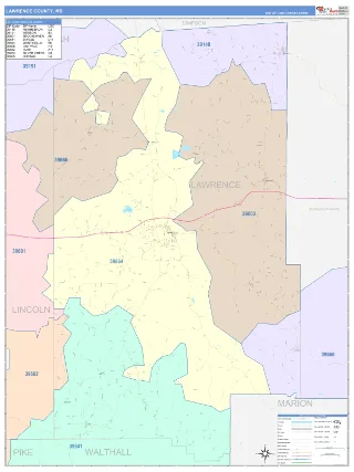 Lawrence County, MS ColorCast style ZIP Code wall map