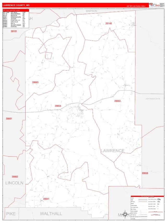 Lawrence County, MS ZIP Code Wall Map, RedLine style