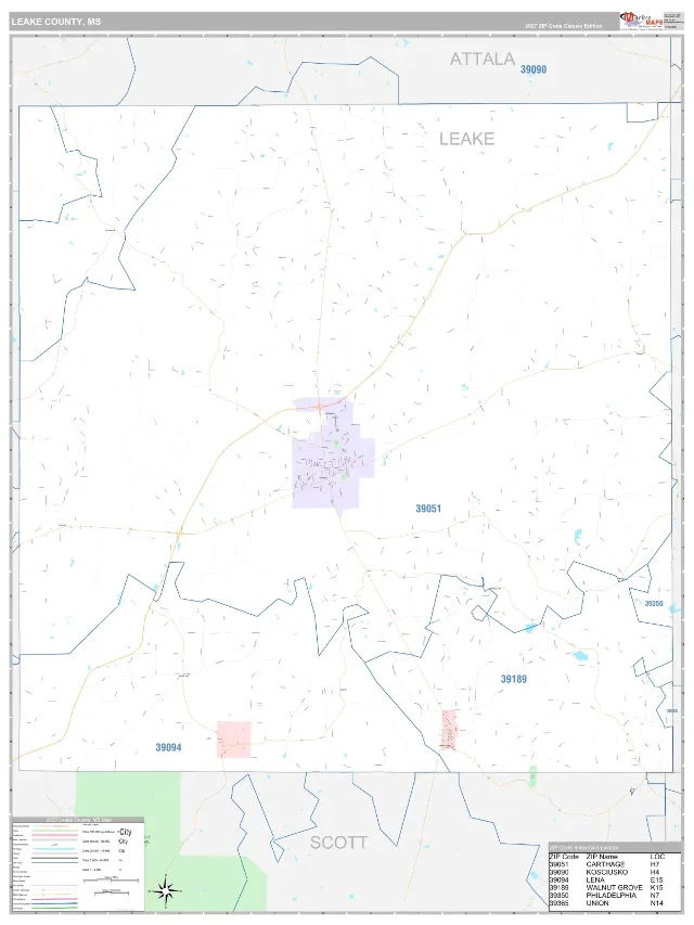 Leake County, MS ZIP Code Wall Map, Classic style