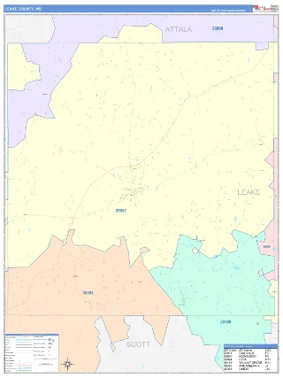 Leake County, MS ColorCast style ZIP Code wall map