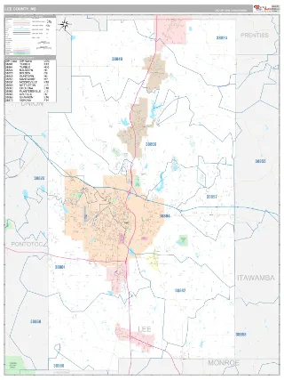 Lee County, MS Classic style ZIP Code wall map