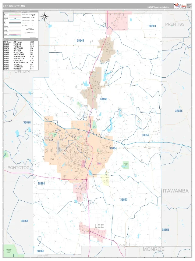 Lee County, MS ZIP Code Wall Map, Classic style