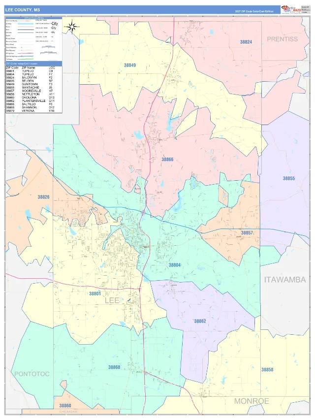 Lee County, MS ZIP Code Wall Map, ColorCast style