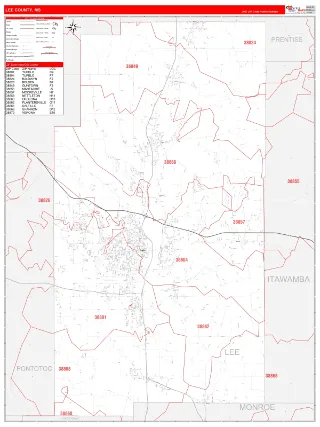Lee County, MS RedLine style ZIP Code wall map
