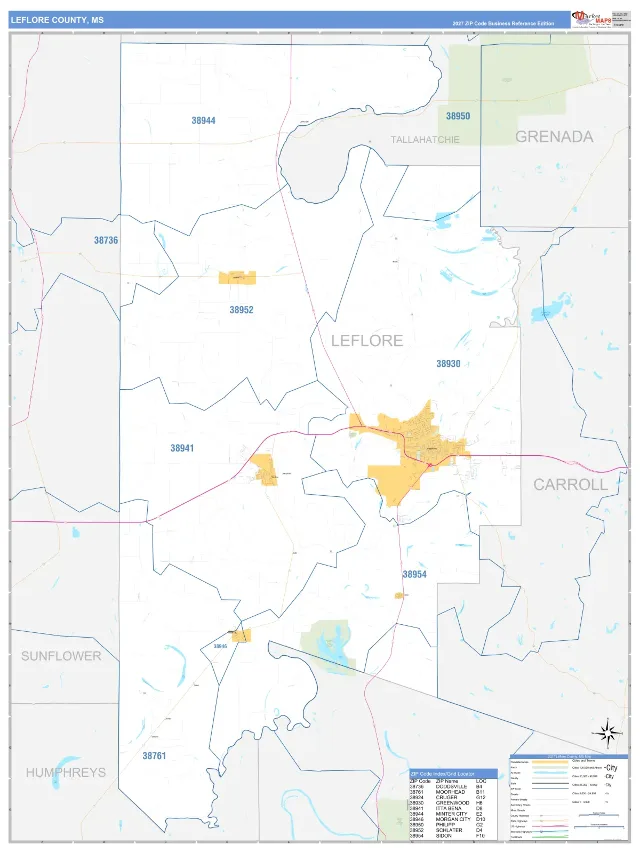 Leflore County, MS ZIP Code Wall Map, Business Reference style