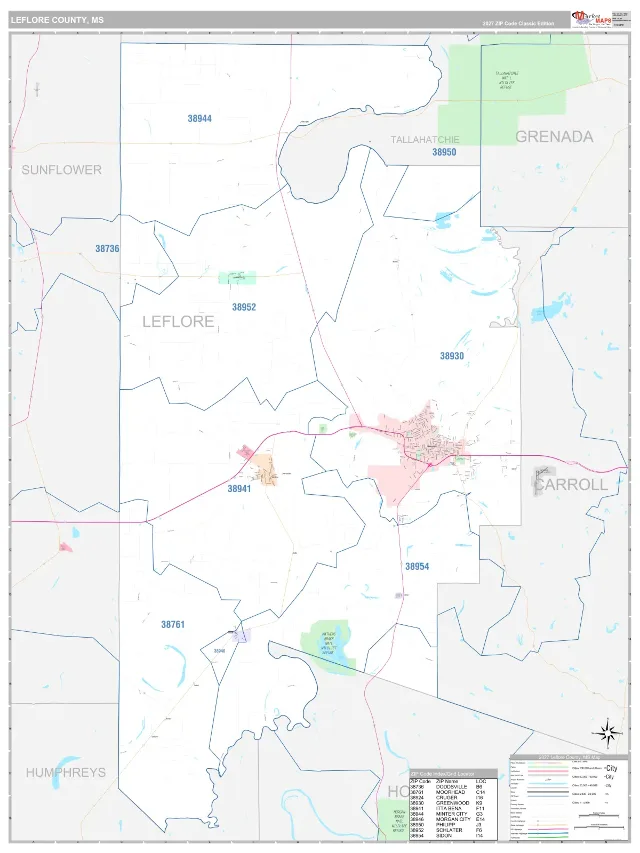 Leflore County, MS ZIP Code Wall Map, Classic style