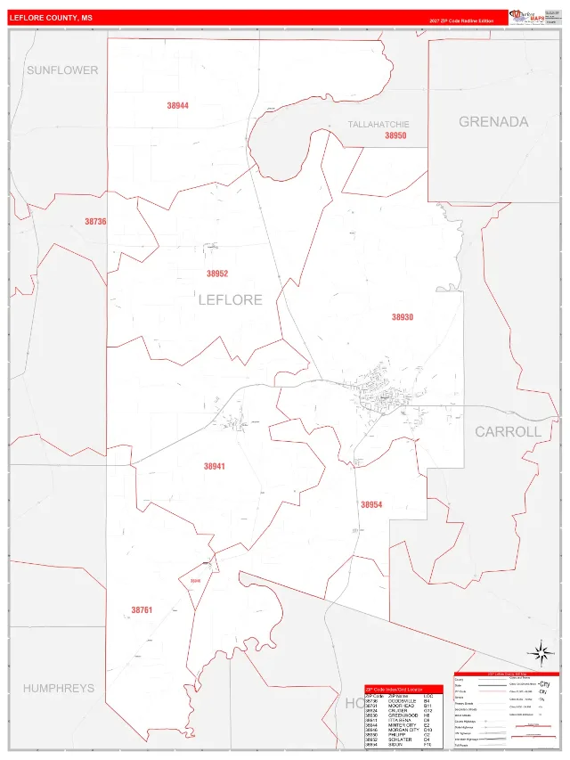 Leflore County, MS ZIP Code Wall Map, RedLine style
