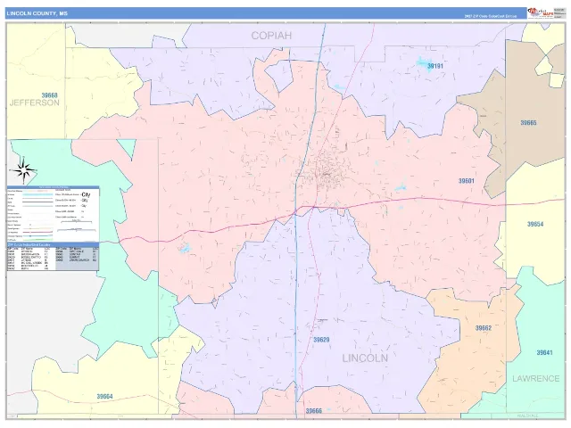Lincoln County, MS ZIP Code Wall Map, ColorCast style