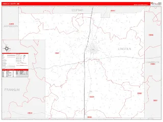 Lincoln County, MS RedLine style ZIP Code wall map