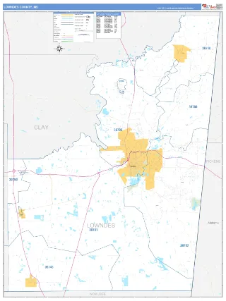 Lowndes County, MS Business Reference style ZIP Code wall map