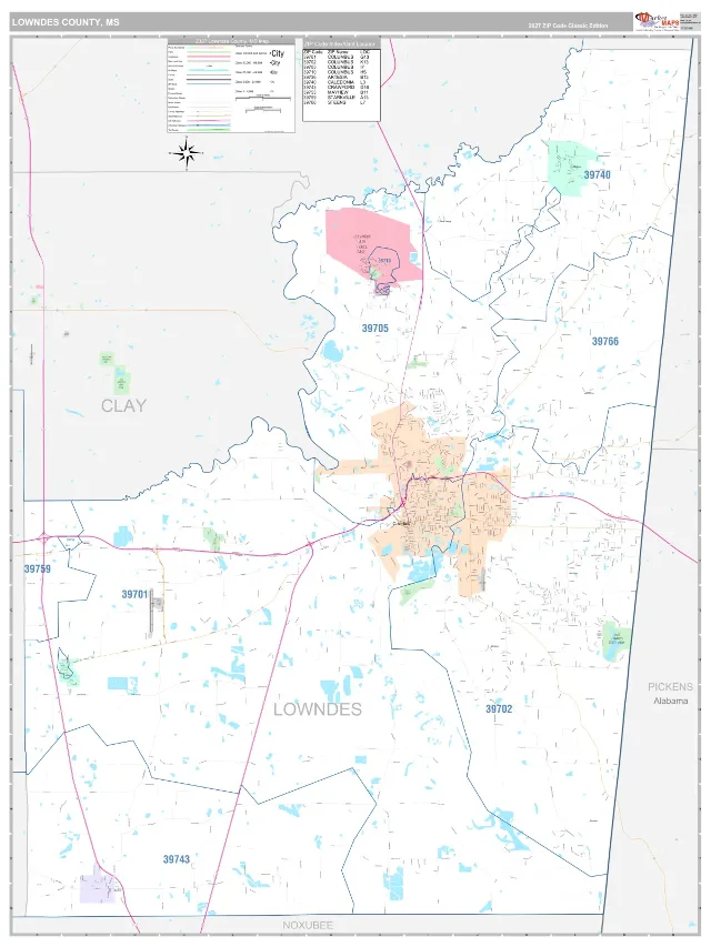 Lowndes County, MS ZIP Code Wall Map, Classic style